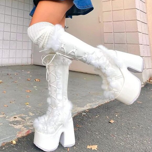 🆕Womens White Synthetic Mid Calf Lace Up Chunky High Heel Warm Fur Snow Boots - Picture 8 of 11
